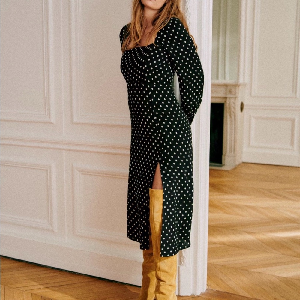 Sezane Shella Dress | Black and White Polka Dot Long Sleeve Dress
